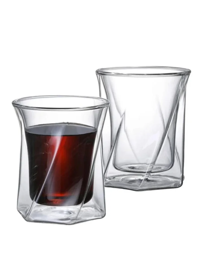 1 تشيس 1CHASE Set of 2 - Double Wall Insulated Hexagon Shape Whiskey Glass 350ml